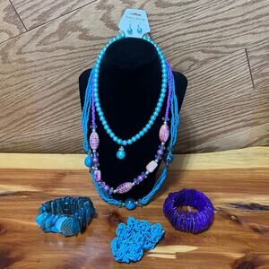 Vintage Beaded Necklace, Earrings, Bracelets Bright Colorful Costume Jewelry